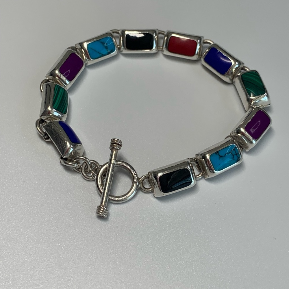 Silpada Vintage Rare Sterling Silver Multi-Color Inlaid Stone Toggle Bracelet